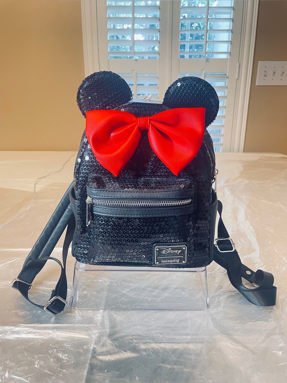 Loungefly Black Sequined Minnie Mouse Mini Backpack with Red Bow and Mouse Ears